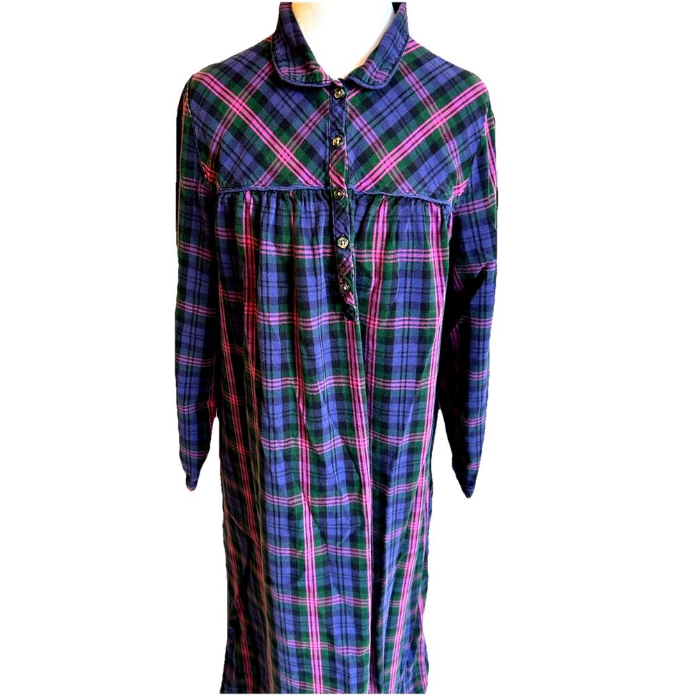 VTG LL Bean Dobby Nightgown Plaid Purple Flannel Cotton Prairie Sleep Dress S